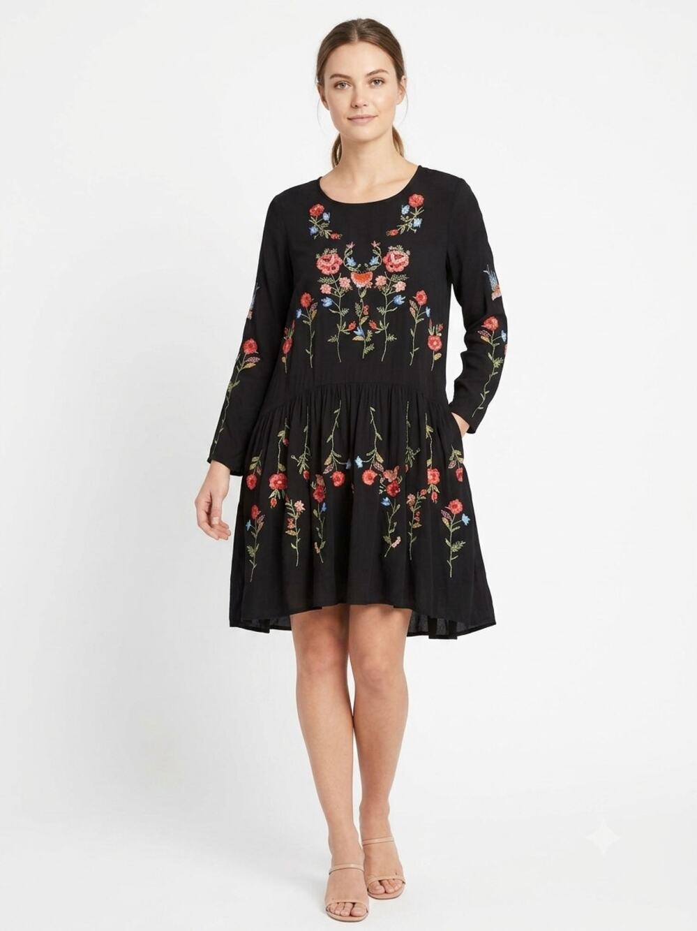 Philosophy Mini Tunic Dress Womens XL Black Rayon Embroidered Floral Tiered Boho